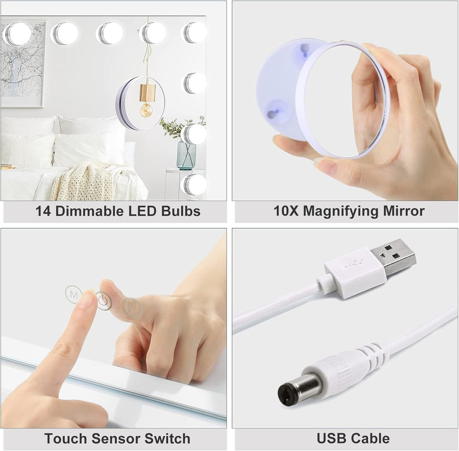 Dripex Hollywood Vanity Mirror with Lights, 50×42cm Large Lighted Makeup Mirror with 14 Dimmable LED Bulbs, USB Cable, Touchscreen Control, Cosmetic Tabletop Mirror for Bedroom, Dressing Room(White)