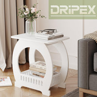 Dripex 2-Tier Side End Table with Storage Shelf Basket, White Small Bedside Table, Slim Arch Narrow Nightstand Small Spaces for Living Room, Bedroom, Bathroom, Balcony
