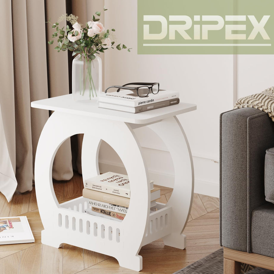 Dripex 2-Tier Side End Table with Storage Shelf Basket, White Small Bedside Table, Slim Arch Narrow Nightstand Small Spaces for Living Room, Bedroom, Bathroom, Balcony