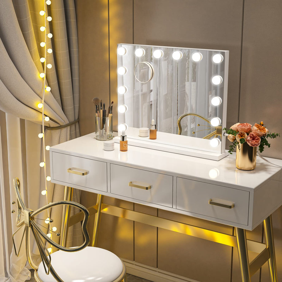 Dripex Hollywood Vanity Mirror with Lights, 50×42cm Large Lighted Makeup Mirror with 14 Dimmable LED Bulbs, USB Cable, Touchscreen Control, Cosmetic Tabletop Mirror for Bedroom, Dressing Room(White)
