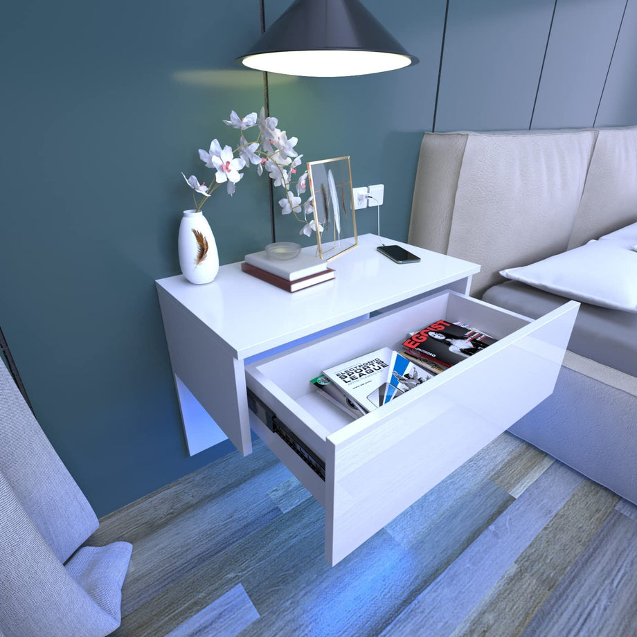 Dripex Floating Bedside Table with RGB LED Lights Wall Mounted Bedside Cabinet with Drawer High Gloss Front Cream White Bedside Drawer For Bedroom, Hotel
