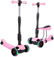 YOLEO Kids Three Wheel Kick Scooter with Removable Seat, LED Flashing Wheels, Height Adjustable Scooter