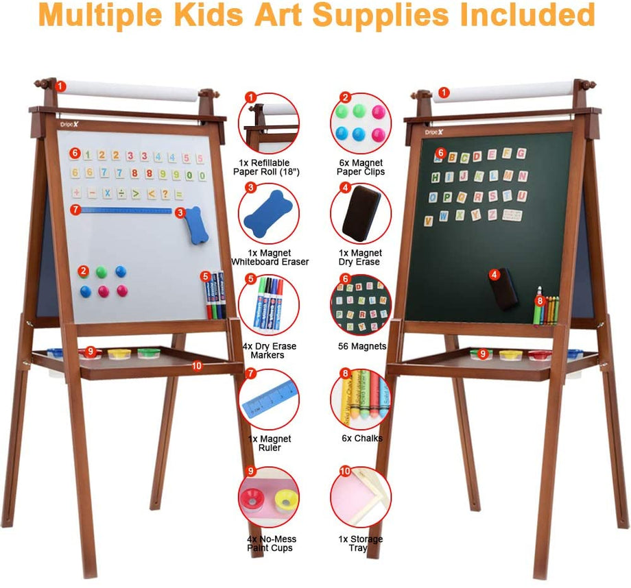 Dripex Kids Easel Double Sided Painting Chalkboard and Magnetic Board with Paper Roller for Children