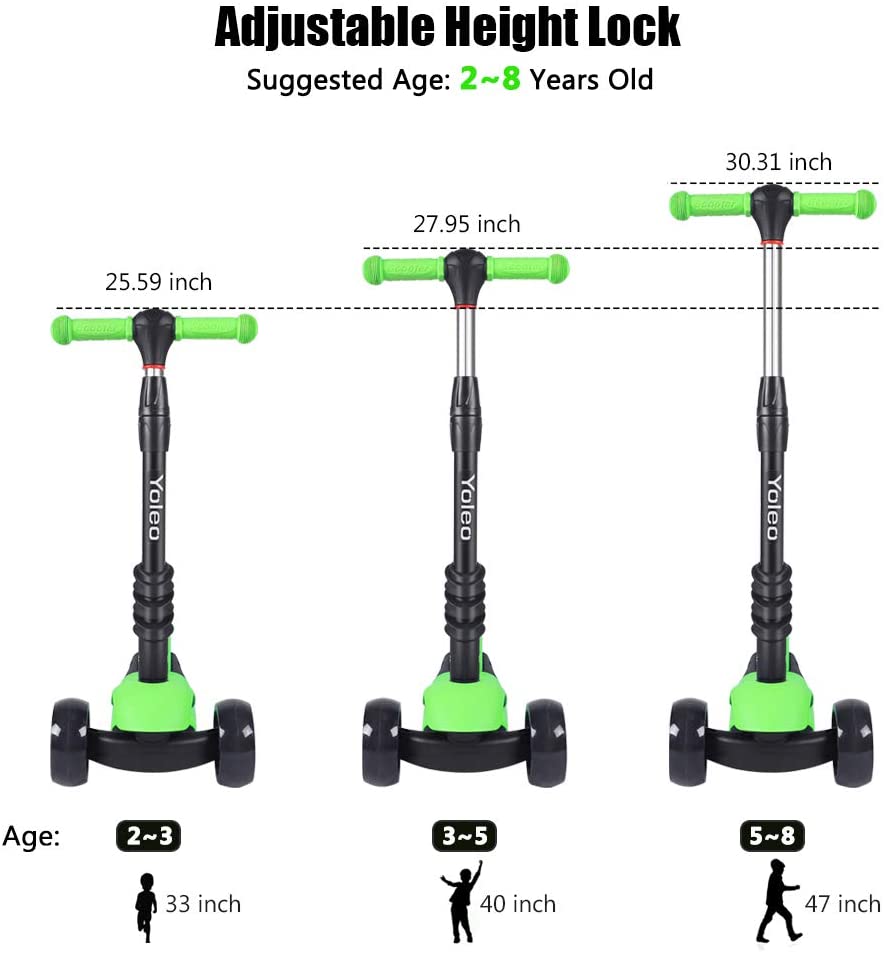 YOLEO Kids Three Wheel Kick Scooter with Removable Seat, LED