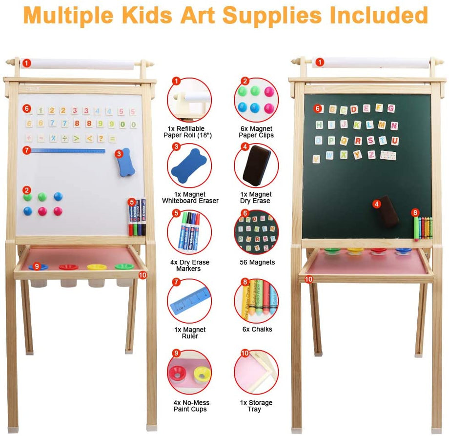 Dripex Kids Easel Double Sided Painting Chalkboard and Magnetic Board with Paper Roller for Children