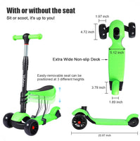 YOLEO Kids Three Wheel Kick Scooter with Removable Seat, LED Flashing Wheels, Height Adjustable Scooter