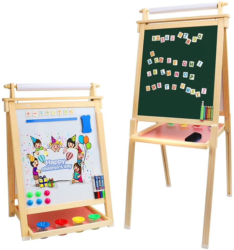 Dripex Kids Easel Double Sided Painting Chalkboard and Magnetic Board with Paper Roller for Children