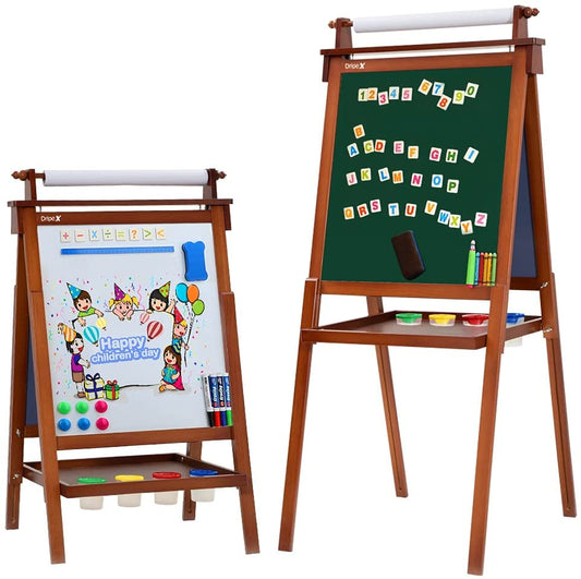 Dripex Kids Easel Double Sided Painting Chalkboard and Magnetic Board with Paper Roller for Children