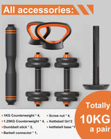 Dripex Adjustable Dumbbell Barbell Weight Pair (2021 New Version)- Free Weighs 4-In-1 Set with Non-Slip Neoprene Hand, Perfect for Male and Female Fitness at Home and Office Gym-10KG