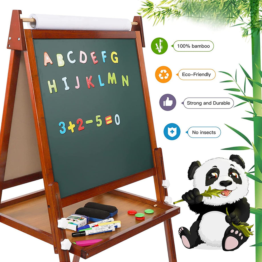 Dripex Kids Easel ,Childrens Bamboo Art Easel with Paper Roll ,Double-Sided Easel Kids ,Height Adjustable Magnetic Chalkboard Easel ,Kids Painting Blackboard with Other Accessories for Toddler