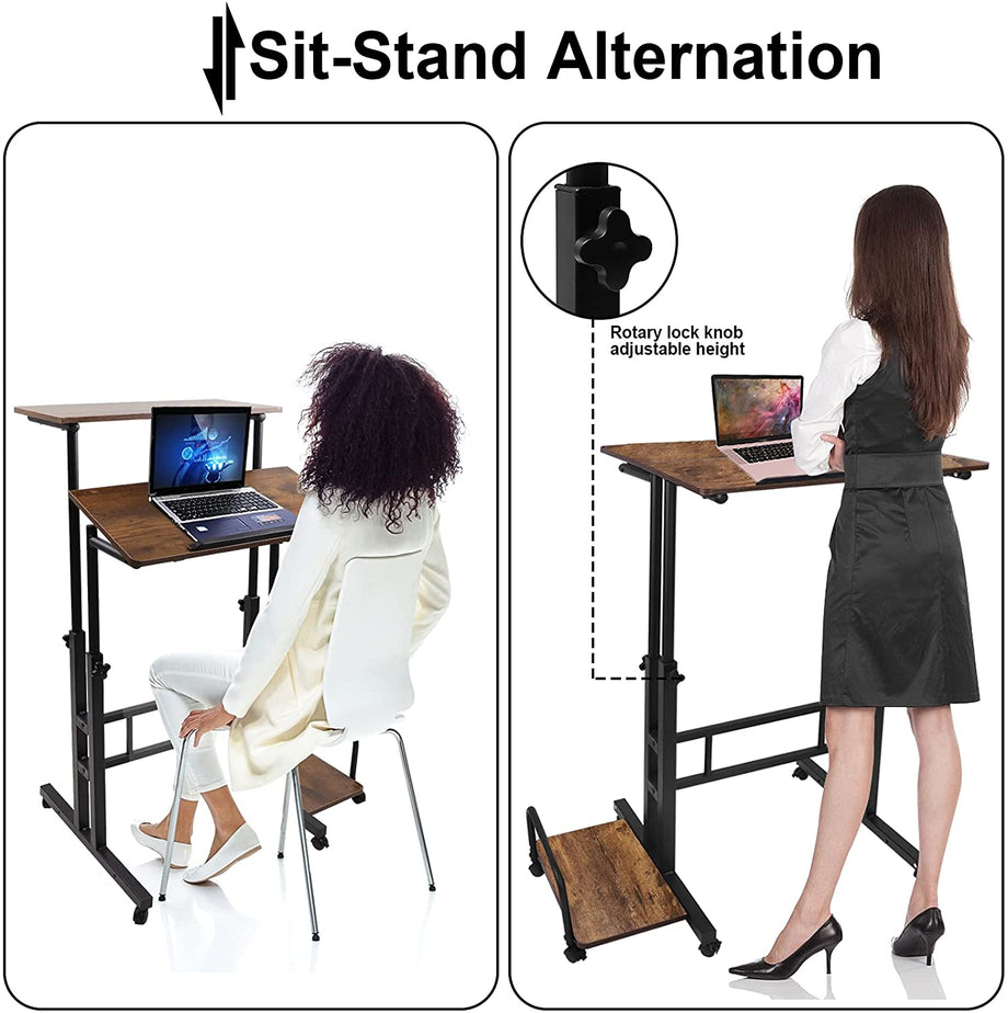 Dripex Sit-Stand Desk Height-Adjustable Computer Desk Rolling Mobile Office Writing Table Riser Standing Workstation with Wheels for Home Office