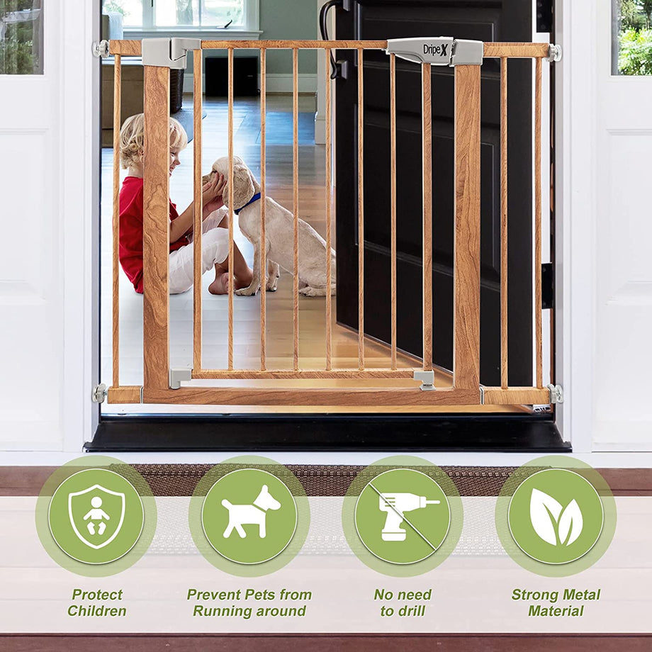 Dripex Stair Gate for Baby and Pet, Baby Safety Gate Pressure Fit, Metal Safety Gate for Doors and Stairs, Adjustable 75 cm - 82cm, One-Handed Operation, Auto Close Baby Gate, Wood Pattern Color