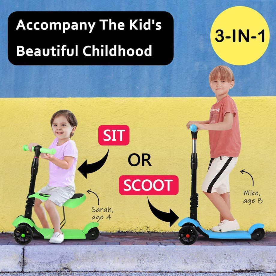 YOLEO Kids Three Wheel Kick Scooter with Removable Seat, LED Flashing Wheels, Height Adjustable Scooter
