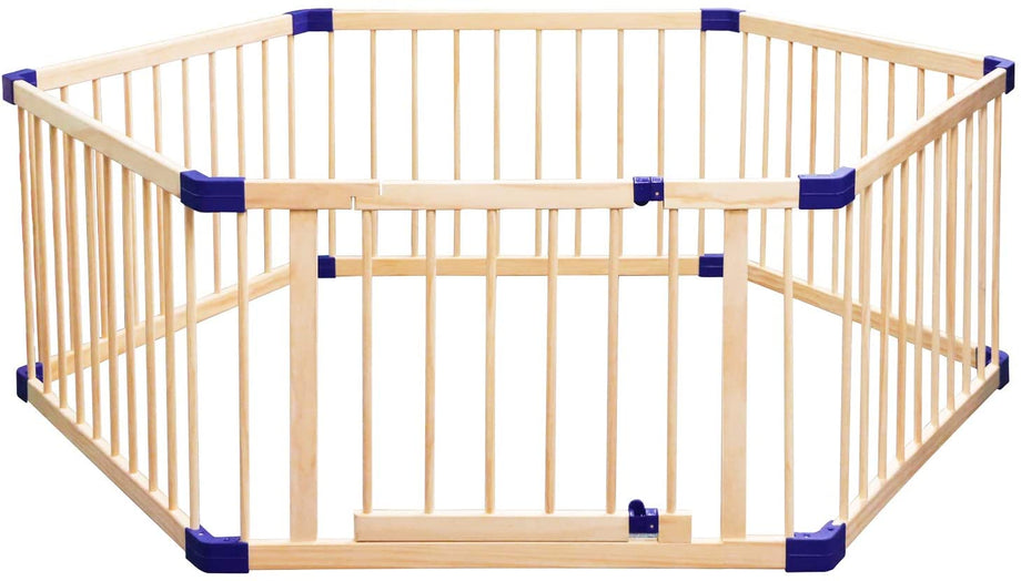 Dripex 204 x 104cm Wooden Baby Playpen, 6 Panels Large Play Fence for Toddlers, Kids Hexagonal Rectangle Activity Center Safety Play Yard with Lockable Door for Indoor and Outdoor (100cm x 6 Panels)