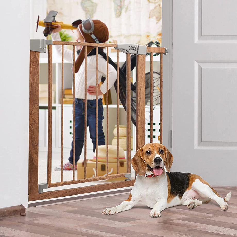 Dripex Stair Gate for Baby and Pet, Baby Safety Gate Pressure Fit, Metal Safety Gate for Doors and Stairs, Adjustable 75 cm - 82cm, One-Handed Operation, Auto Close Baby Gate, Wood Pattern Color