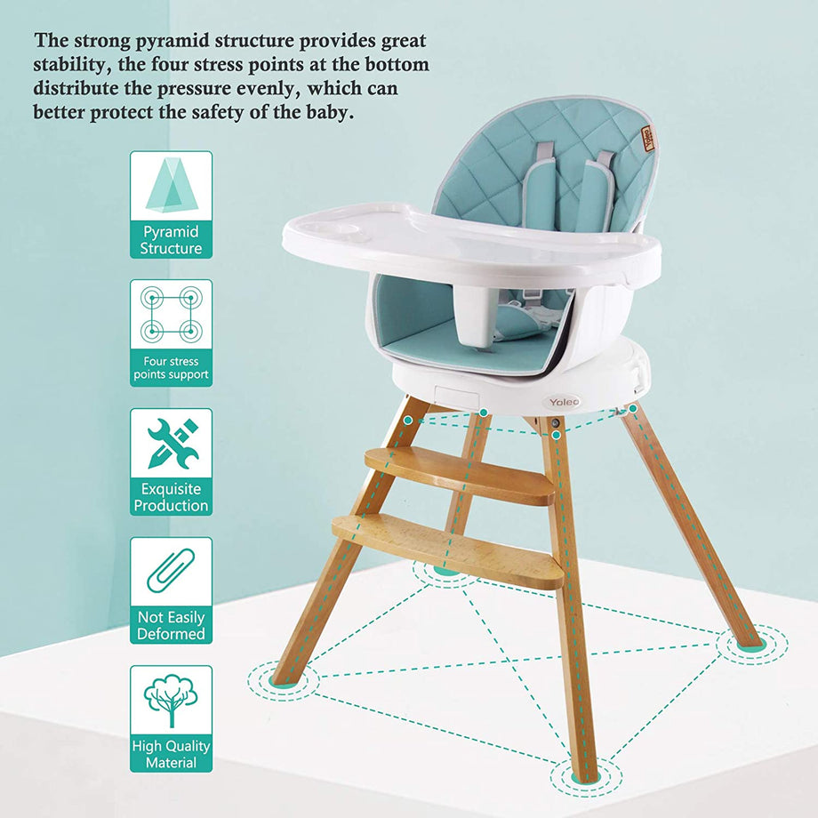 Yoleo Baby High Chair 4 in 1 Wooden High Chair Modern Design Booster Chair with Double Removable Tray Wooden Legs and 360° Rotatable Turntable for Baby Infants Toddlers