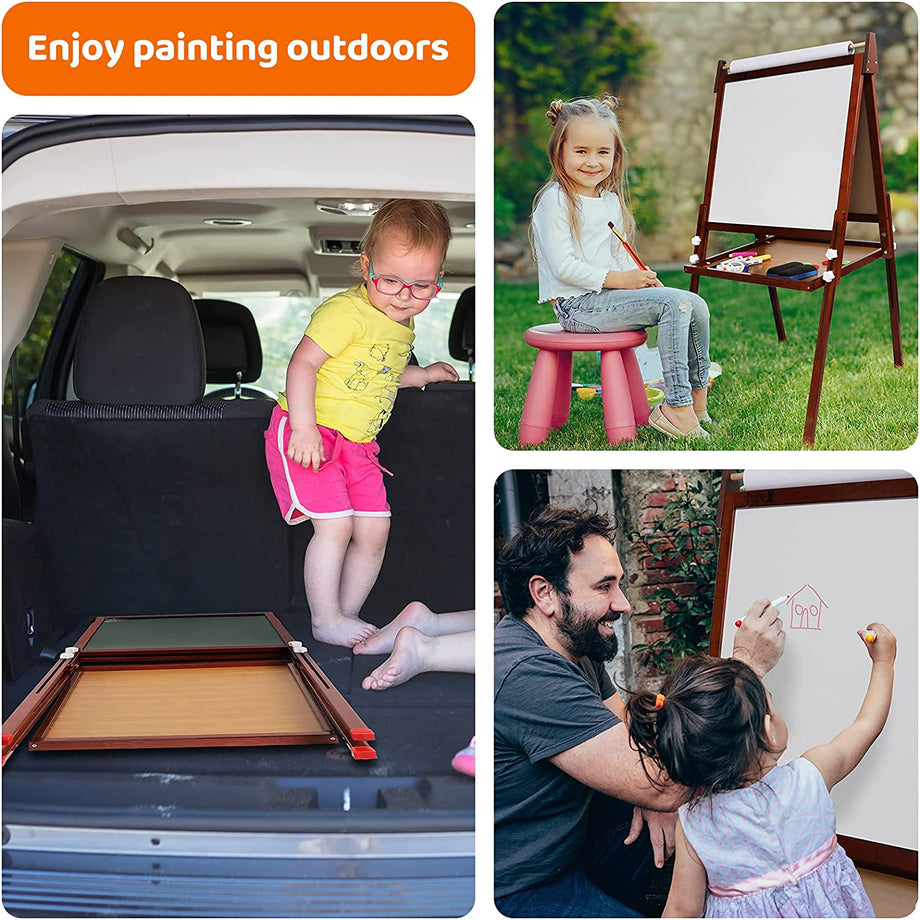 Dripex Kids Easel ,Childrens Bamboo Art Easel with Paper Roll ,Double-Sided Easel Kids ,Height Adjustable Magnetic Chalkboard Easel ,Kids Painting Blackboard with Other Accessories for Toddler