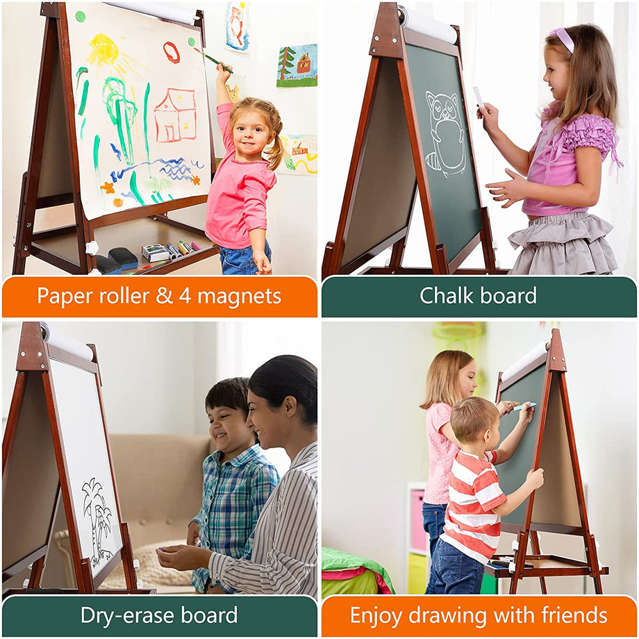Dripex Kids Easel ,Childrens Bamboo Art Easel with Paper Roll ,Double-Sided Easel Kids ,Height Adjustable Magnetic Chalkboard Easel ,Kids Painting Blackboard with Other Accessories for Toddler