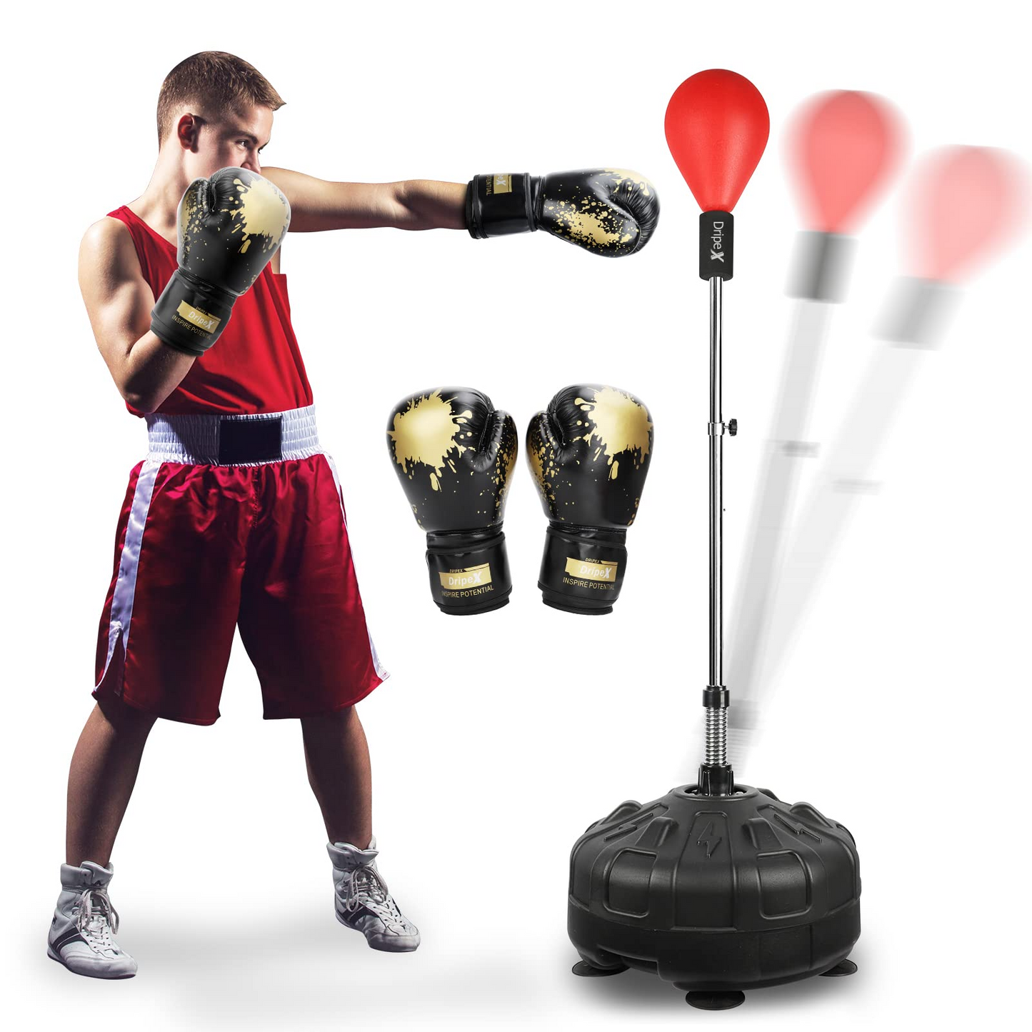 Dripex Speed Punch Ball with Adjustable Height Stand, Punching Bag with Boxing Gloves - Great for Boxing Equipment, MMA Training, Stress Fitness & Relief for Adults, Teens & Kids