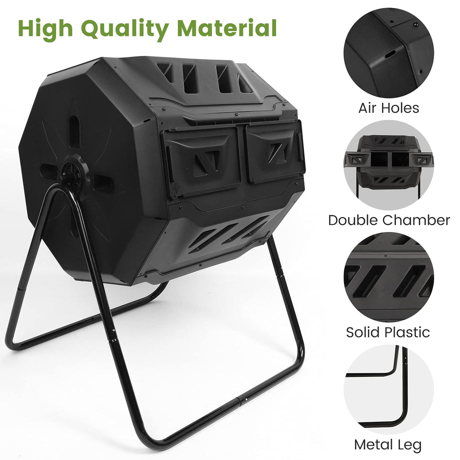 Dripex Garden Composter, Dual Chamber Tumbling Composter, 160 l Composters Rotating Tumbling Large Compost Bins Outdoor ,BPA Free, Create Fertile Soil, Aerating Compost Tumbler Bin, Black