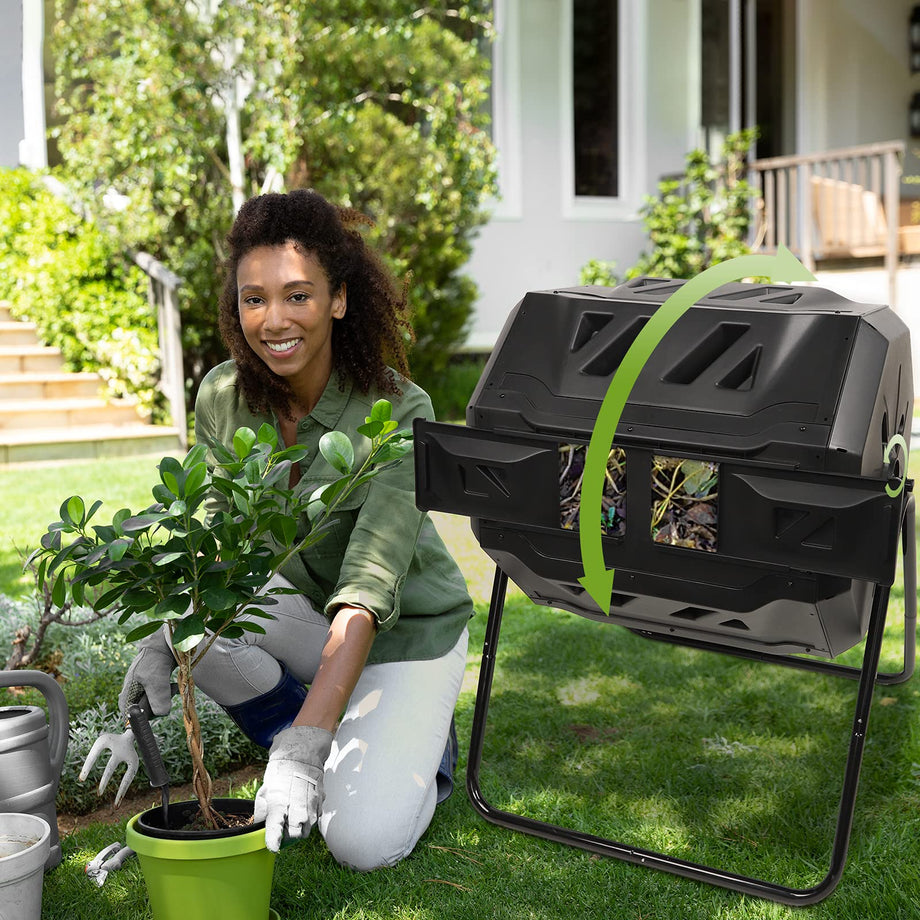 Dripex Garden Composter, Dual Chamber Tumbling Composter, 160 l Composters Rotating Tumbling Large Compost Bins Outdoor ,BPA Free, Create Fertile Soil, Aerating Compost Tumbler Bin, Black