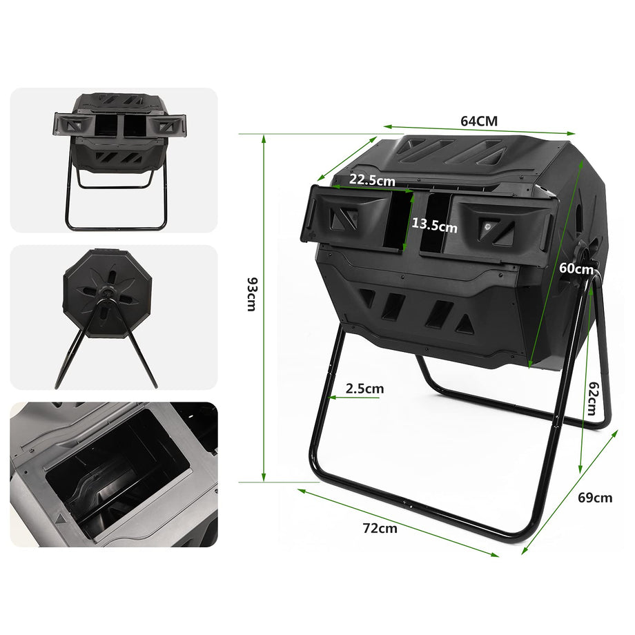 Dripex Garden Composter, Dual Chamber Tumbling Composter, 160 l Composters Rotating Tumbling Large Compost Bins Outdoor ,BPA Free, Create Fertile Soil, Aerating Compost Tumbler Bin, Black