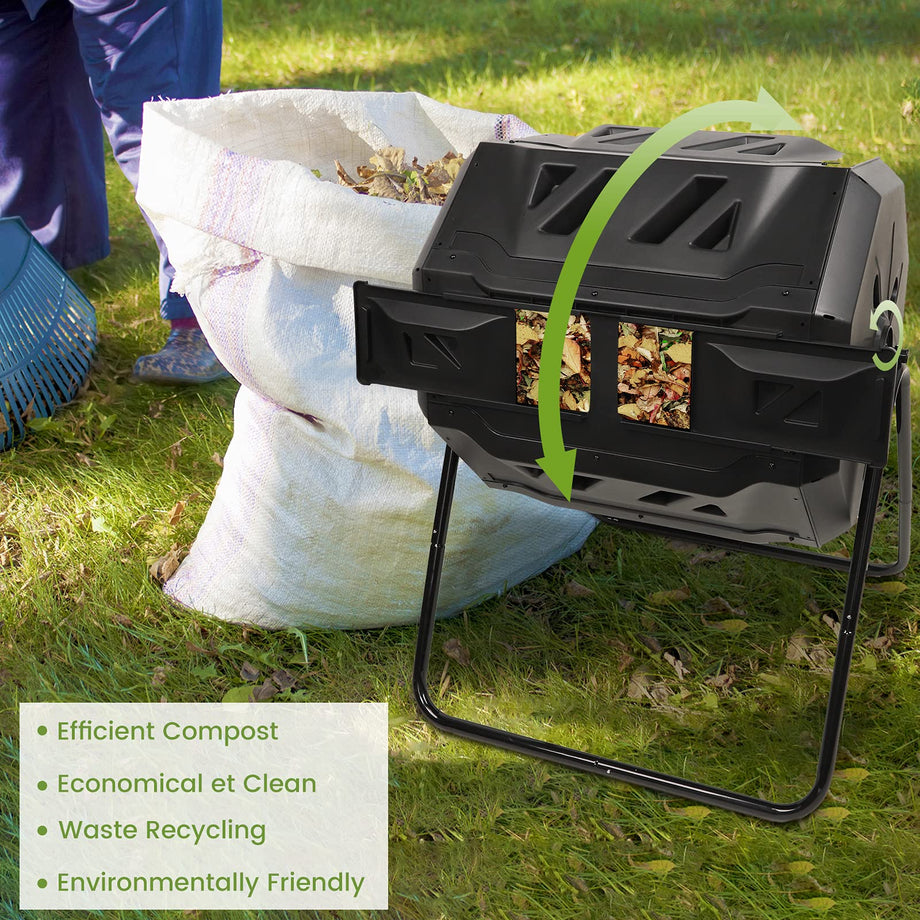 Dripex Garden Composter, Dual Chamber Tumbling Composter, 160 l Composters Rotating Tumbling Large Compost Bins Outdoor ,BPA Free, Create Fertile Soil, Aerating Compost Tumbler Bin, Black