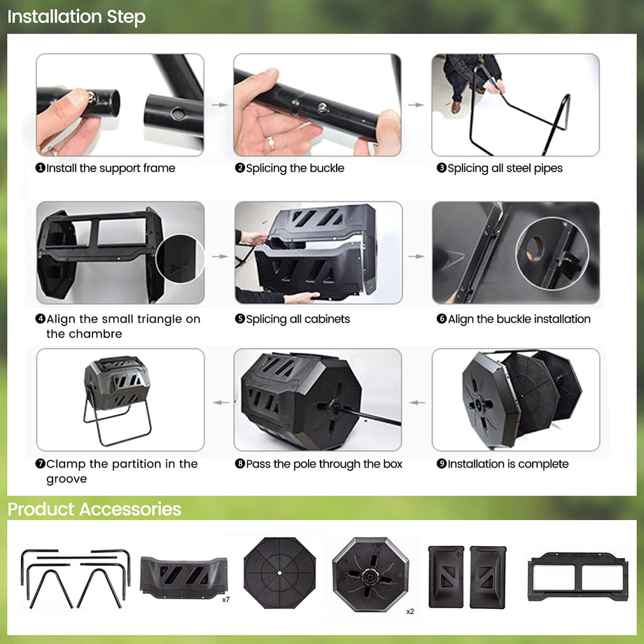 Dripex Garden Composter, Dual Chamber Tumbling Composter, 160 l Composters Rotating Tumbling Large Compost Bins Outdoor ,BPA Free, Create Fertile Soil, Aerating Compost Tumbler Bin, Black